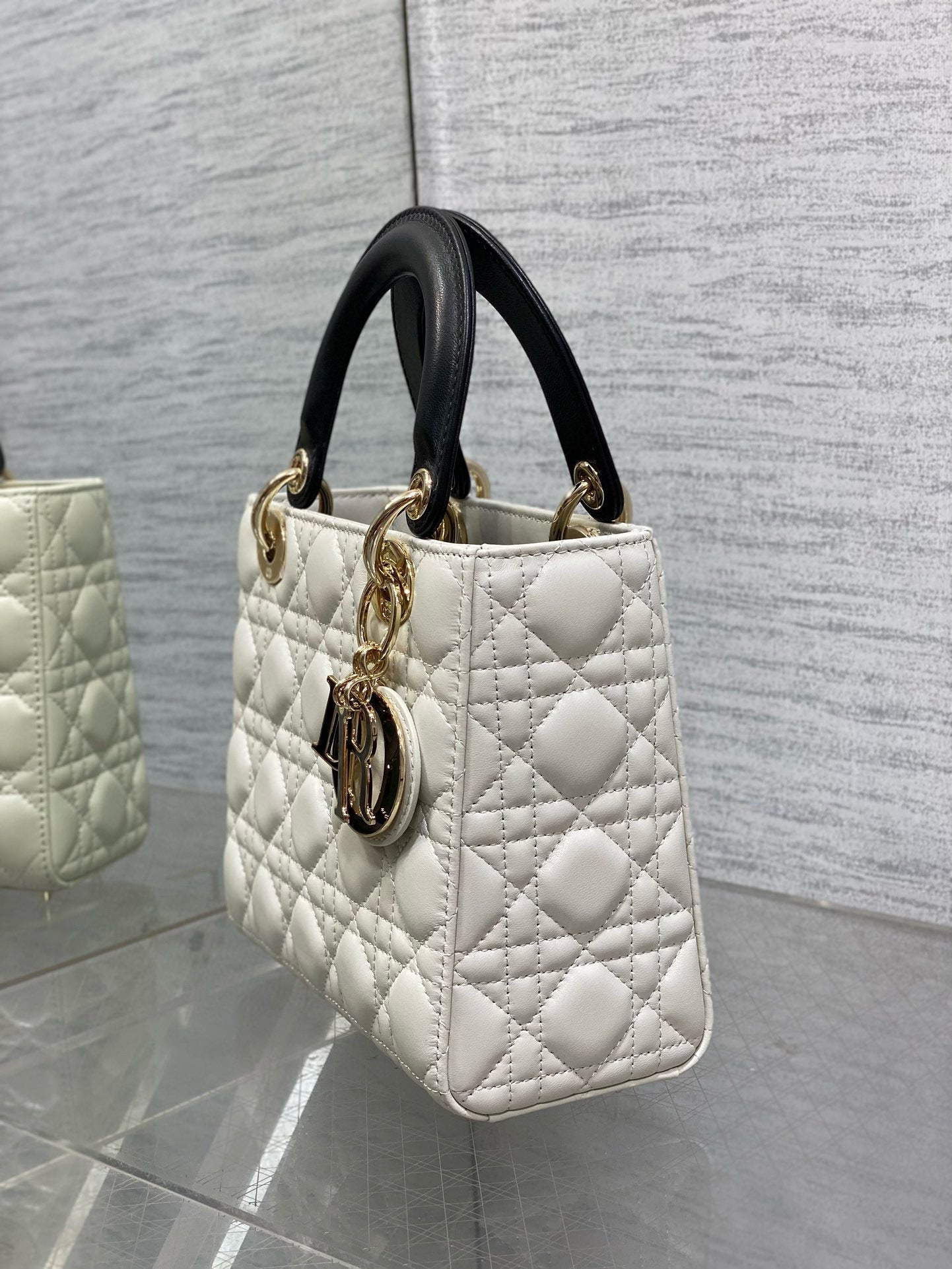 Lady Dior 20cm White Black  Gold Chain Lambskin