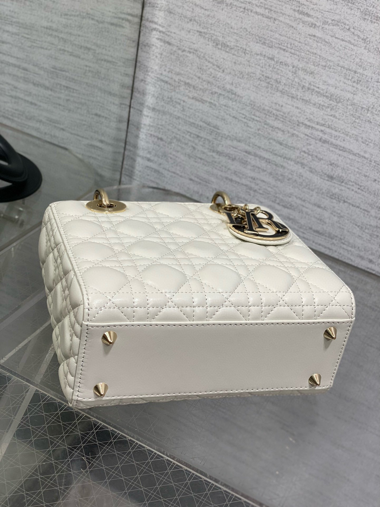 Lady Dior 20cm White Black  Gold Chain Lambskin