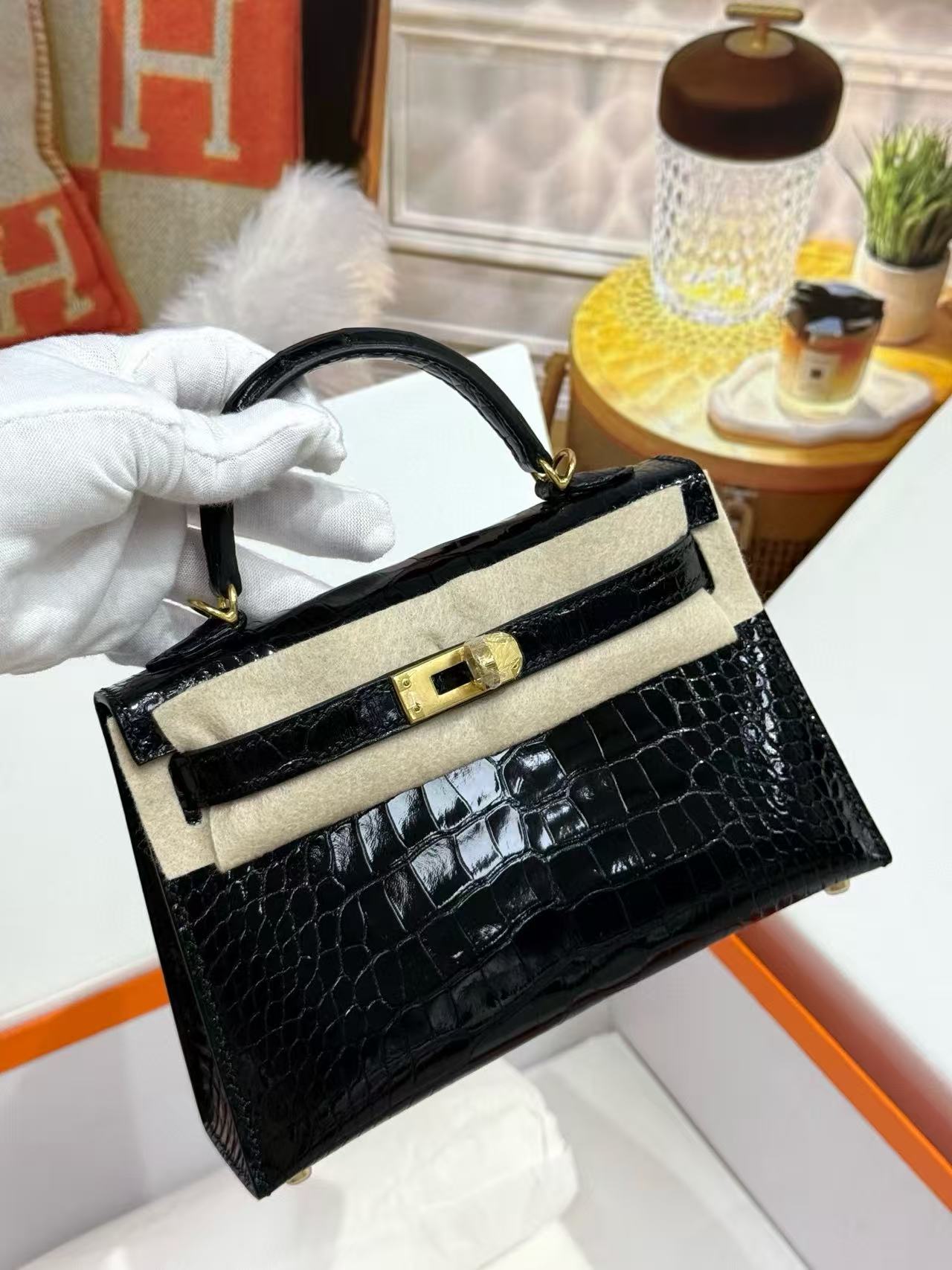 Hermès Kelly II Sellier Mini Black Shiny Crocodile Gold Hardware