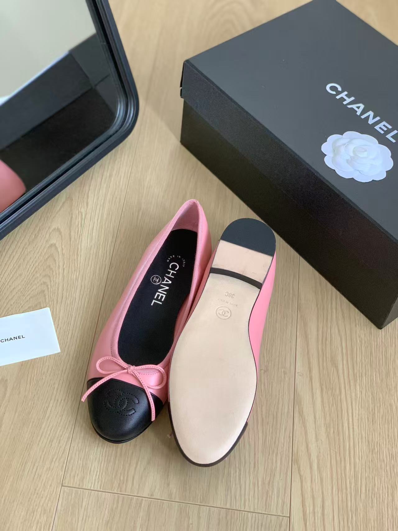 Chanel 2026 Ballet Flat Pink Black Lambskin