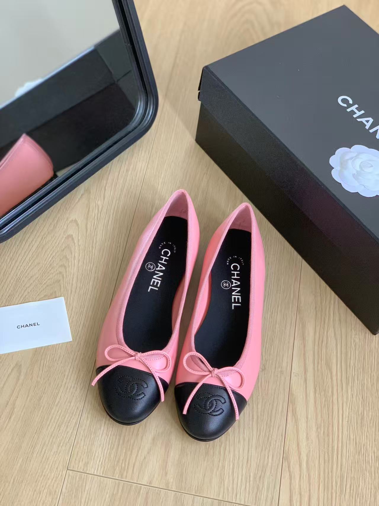 Chanel 2026 Ballet Flat Pink Black Lambskin