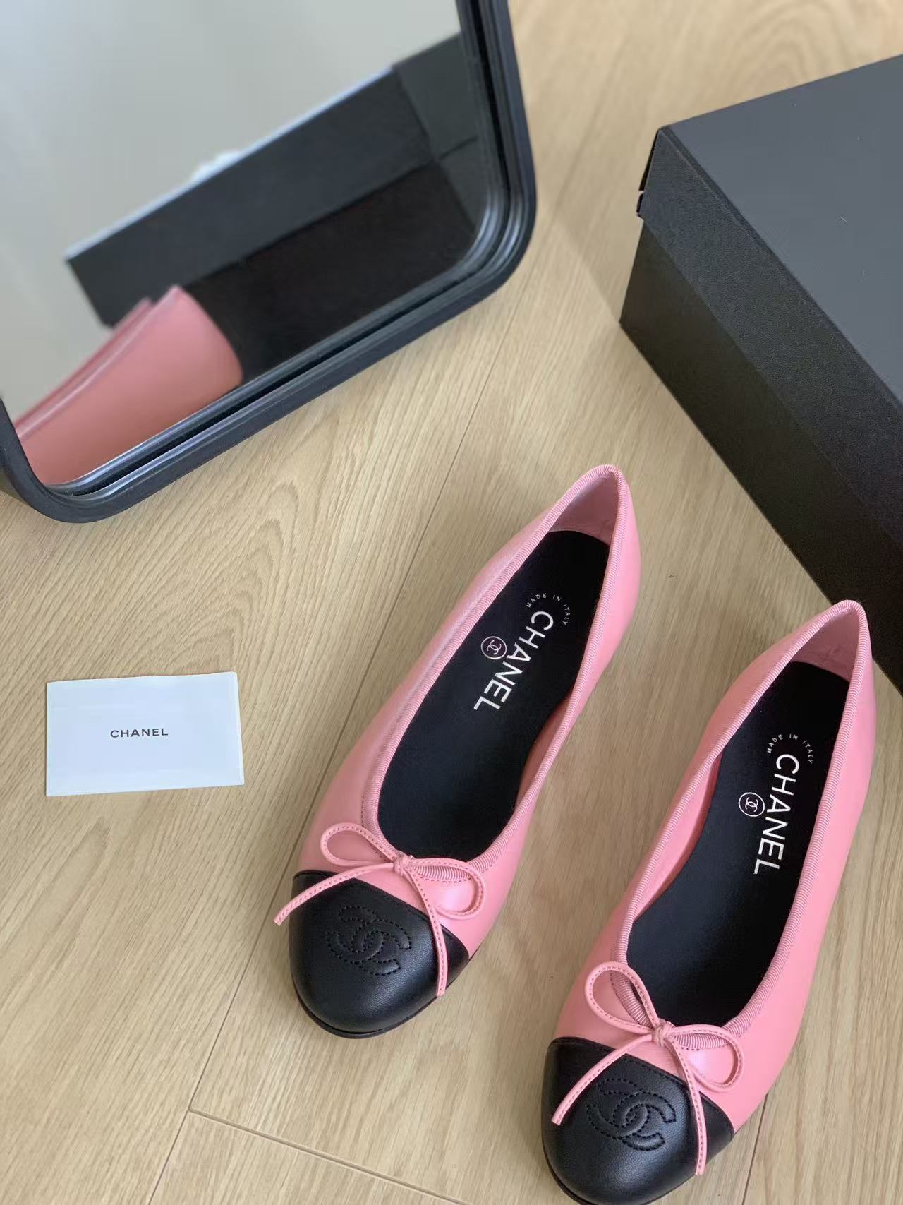 Chanel 2026 Ballet Flat Pink Black Lambskin