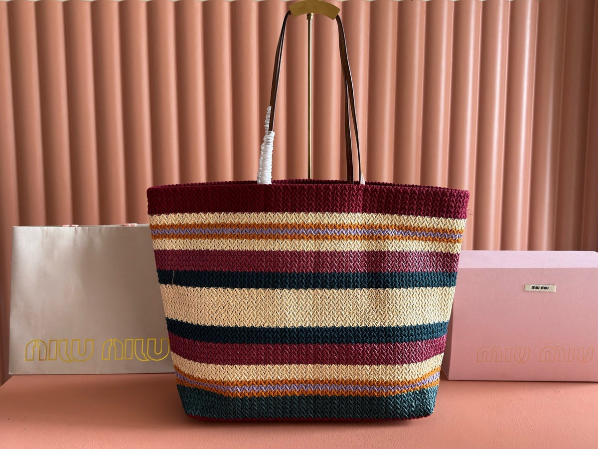 Miu Miu 2026 Striped Tote Bag 40cm Multicolor Woven Raffia-Effect