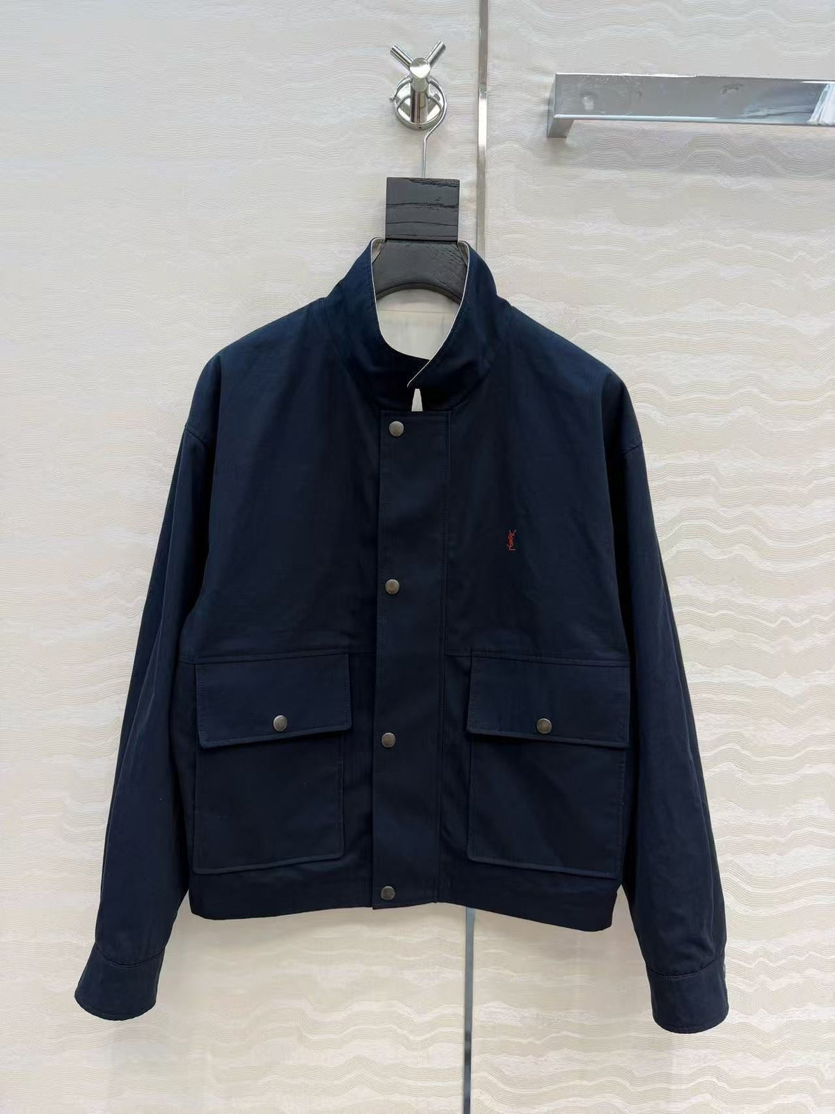 YSL 2026 Cassandre Reversible Jacket White Mix Navy Blue Cotton