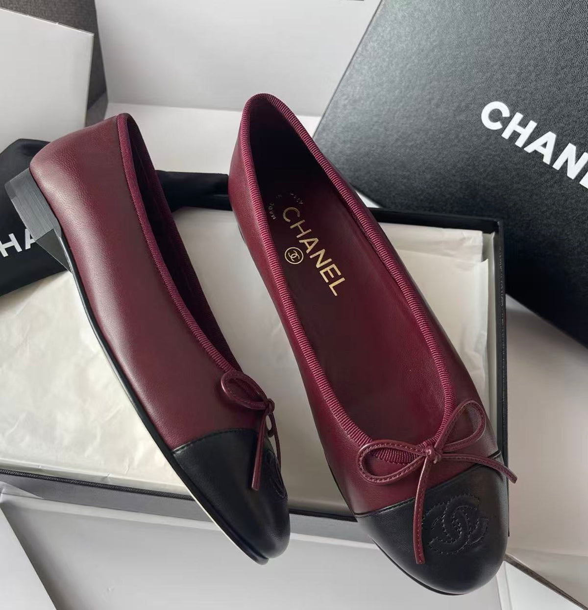 Chanel 2026 Ballet Flat Burgundy Mix Black Lambskin