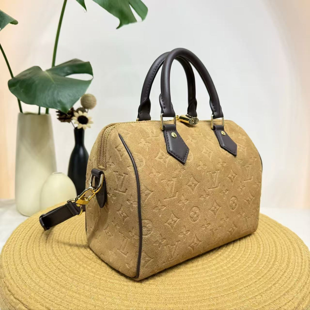 LV 2026 Speedy Bandouliere 25 Bag Beige Suede Leather