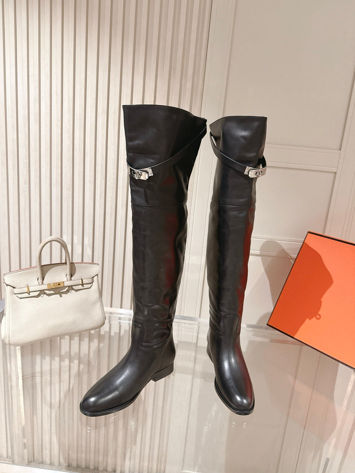 Hermes 2026 Over The Knee Boot Black Leather With Silver Buckle