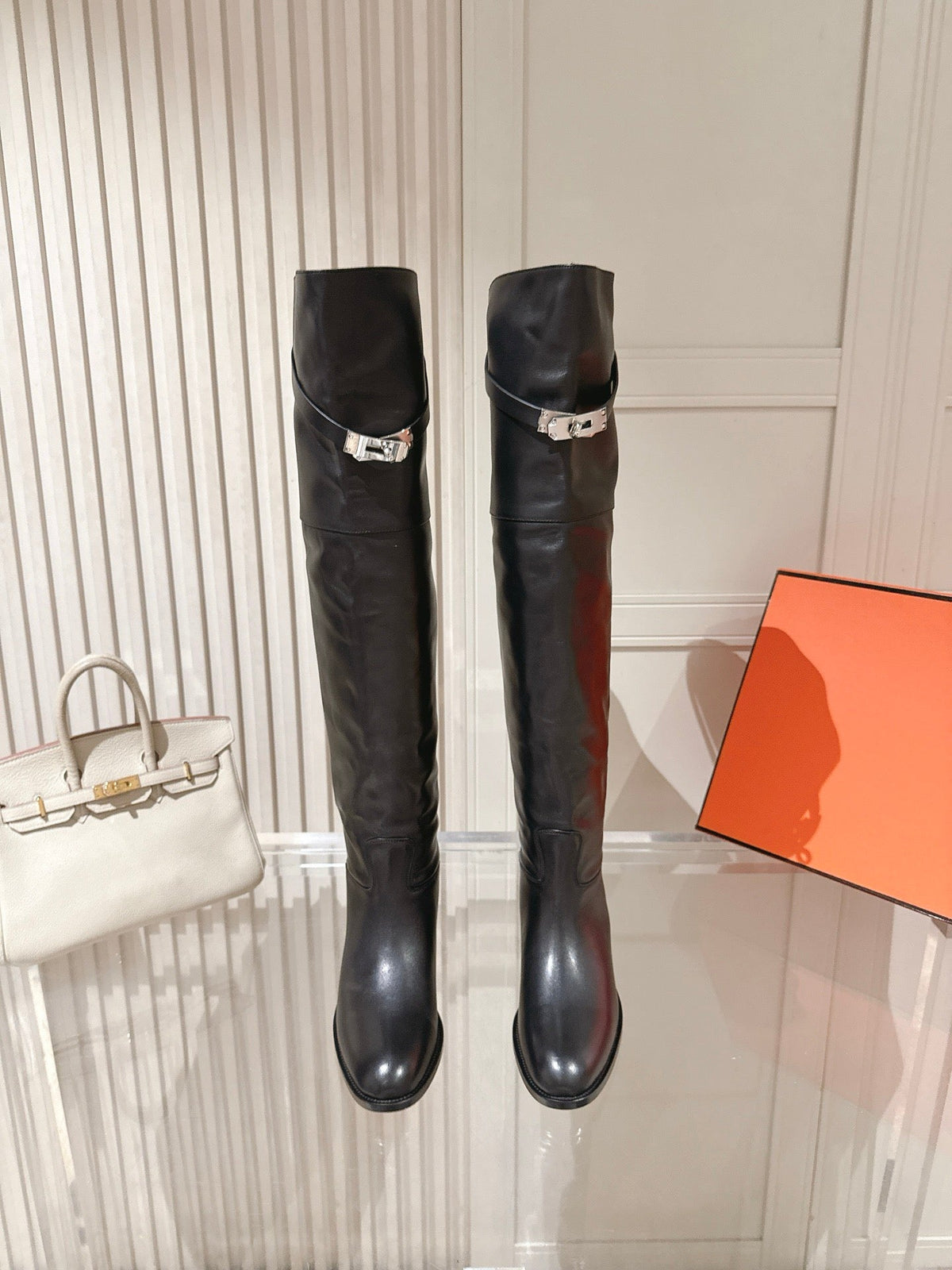 Hermes 2026 Over The Knee Boot Black Leather With Silver Buckle