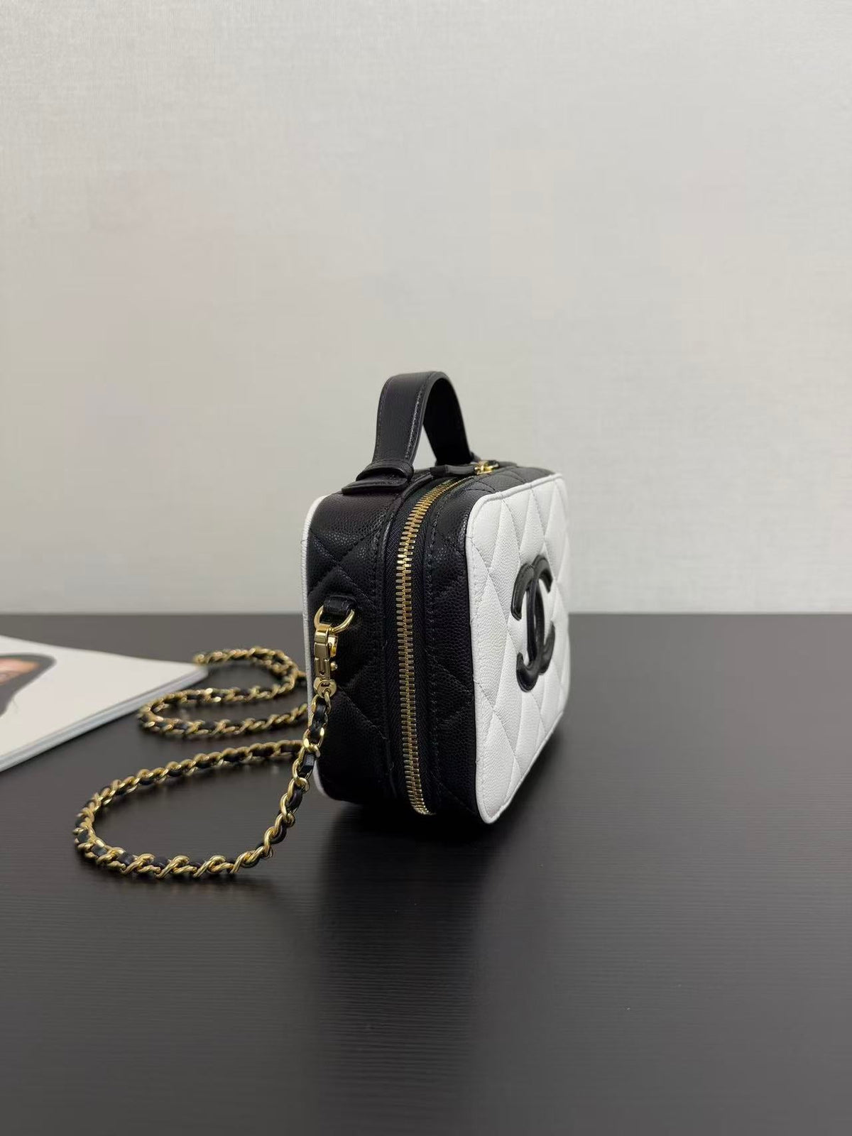 Chanel 2026 Vanity Case 21cm White Black Caviar Leather