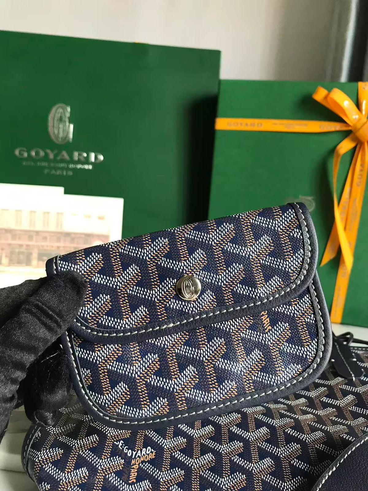 Goyard 2026 Anjou Mini Bag Navy Blue Canvas Chevroches Calfskin