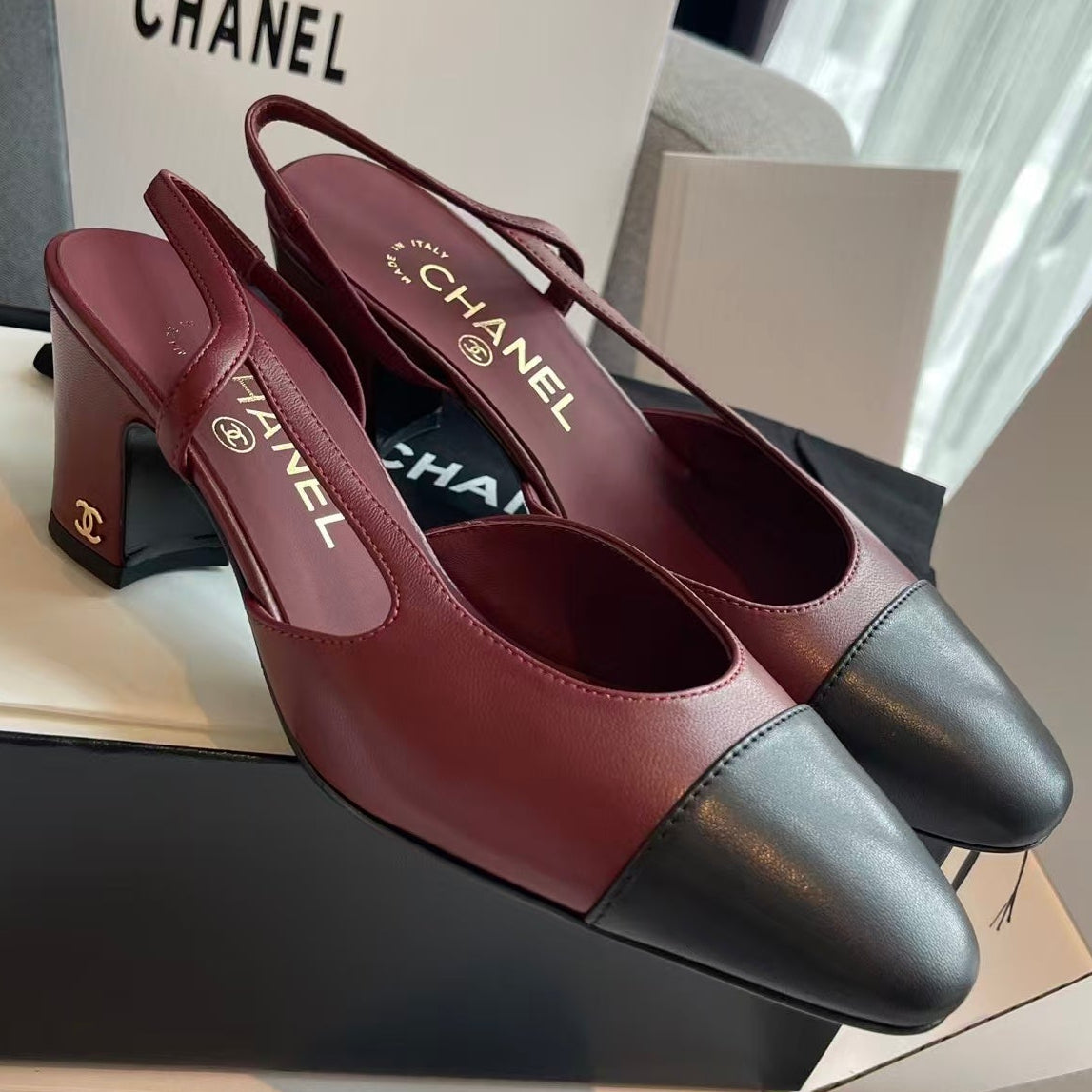 Chanel 2026 Slingback 50mm Burgundy/Black Sheepskin