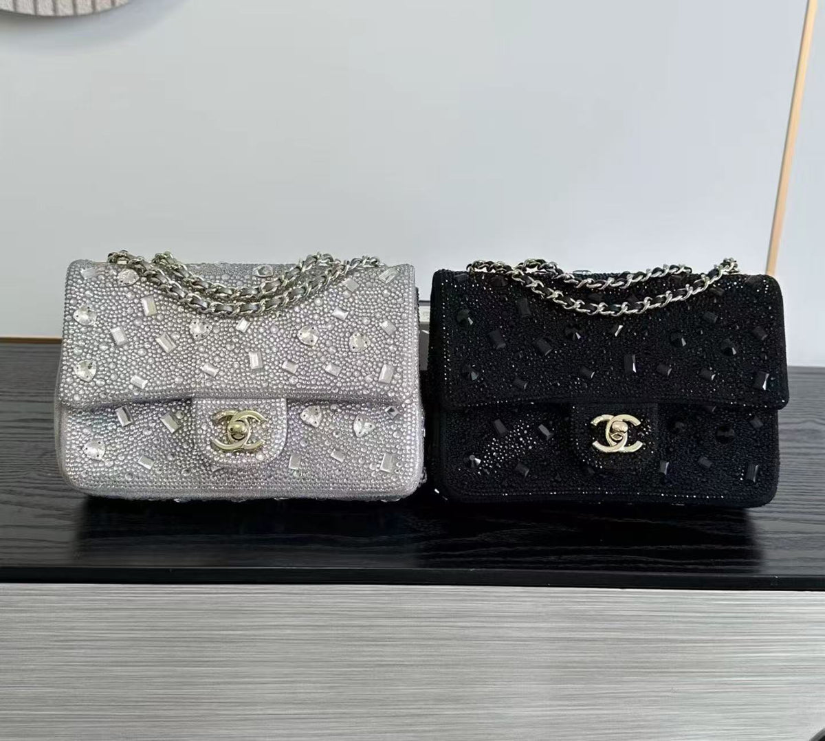 Chanel 2026 Bag 21cm Black And Silver Strass Leather