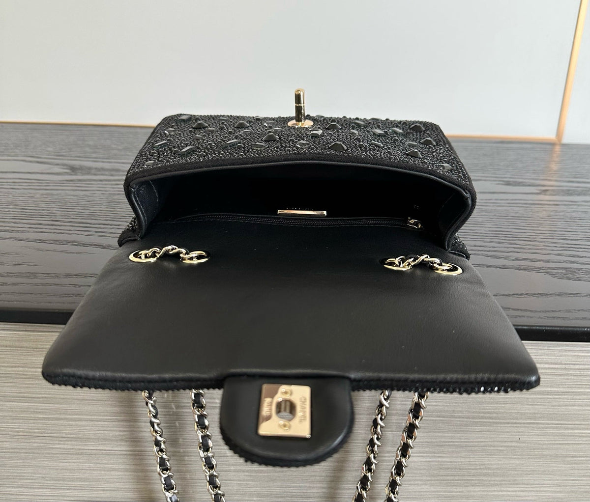Chanel 2026 Bag 21cm Black And Silver Strass Leather