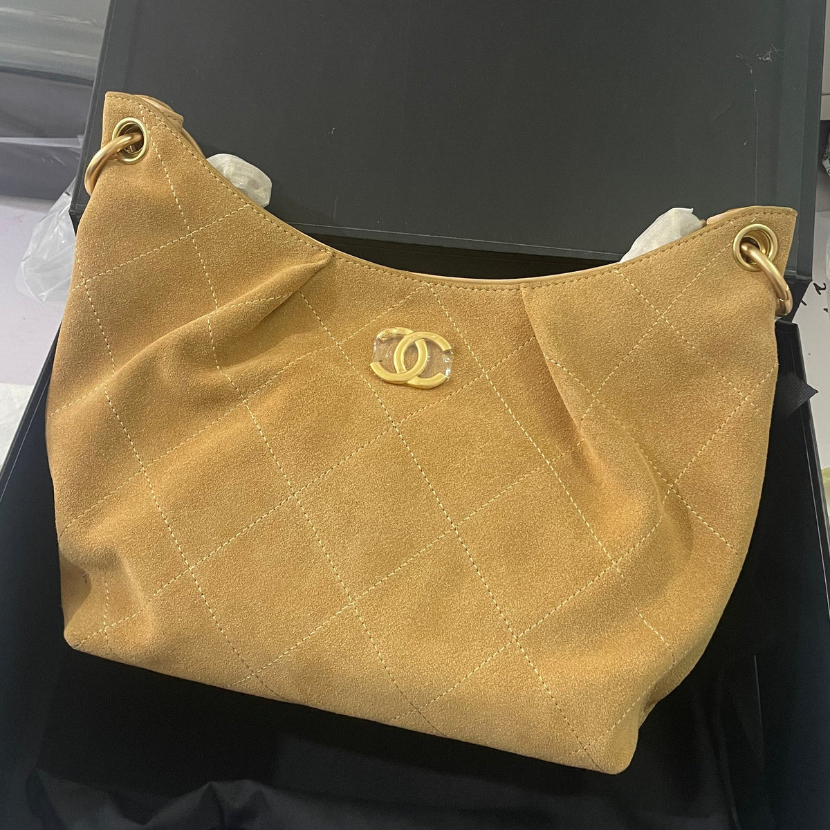 Chanel 2025 Hobo Bag 31cm Beige Suede With Gold Hardware 320287