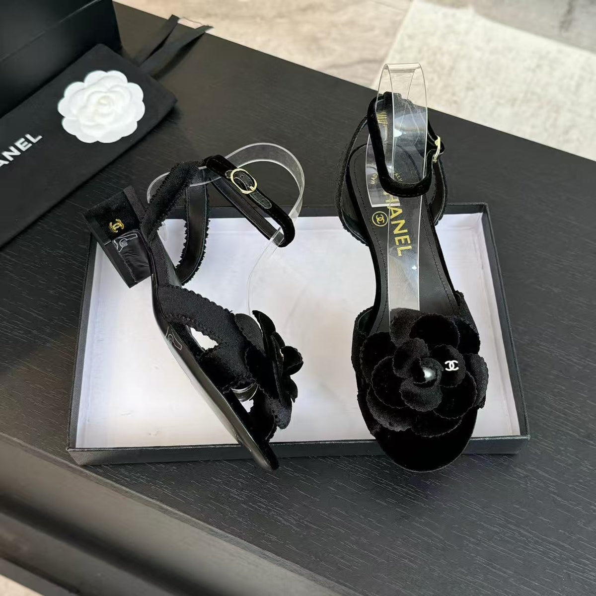 Chanel 2026 Camellia Sandals Black Velvet