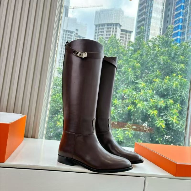 Hermes 2026 Jumping Silver Buckle Boots Dark Brown Leather