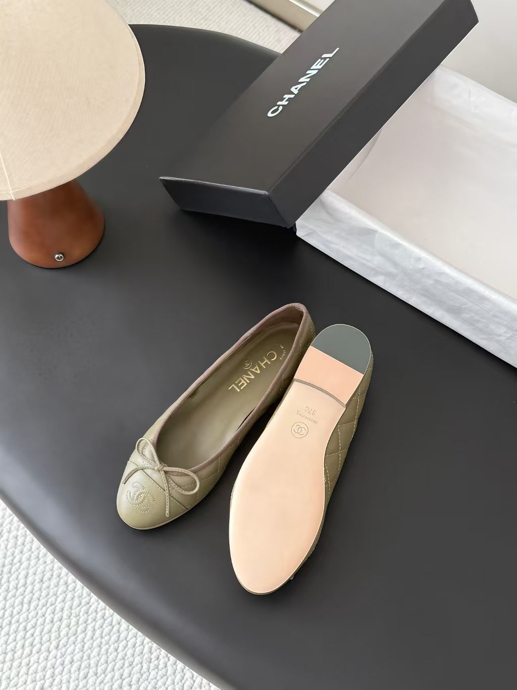Chanel 2026 Quilted Ballet Flat Moss Green Leather