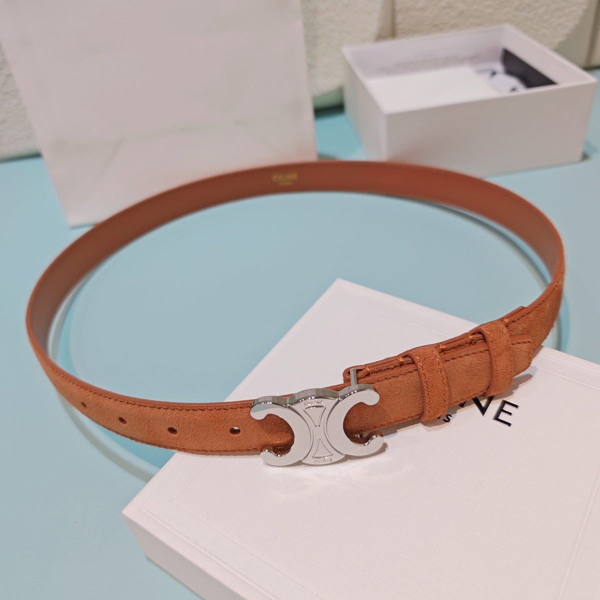 Celine 2026 Medium Triomphe Silver Belt 25mm Suede 194538