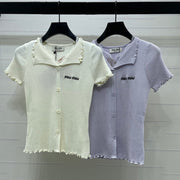 Miumiu 2026 Lace Collar T-shirt Cream and Purple Wool