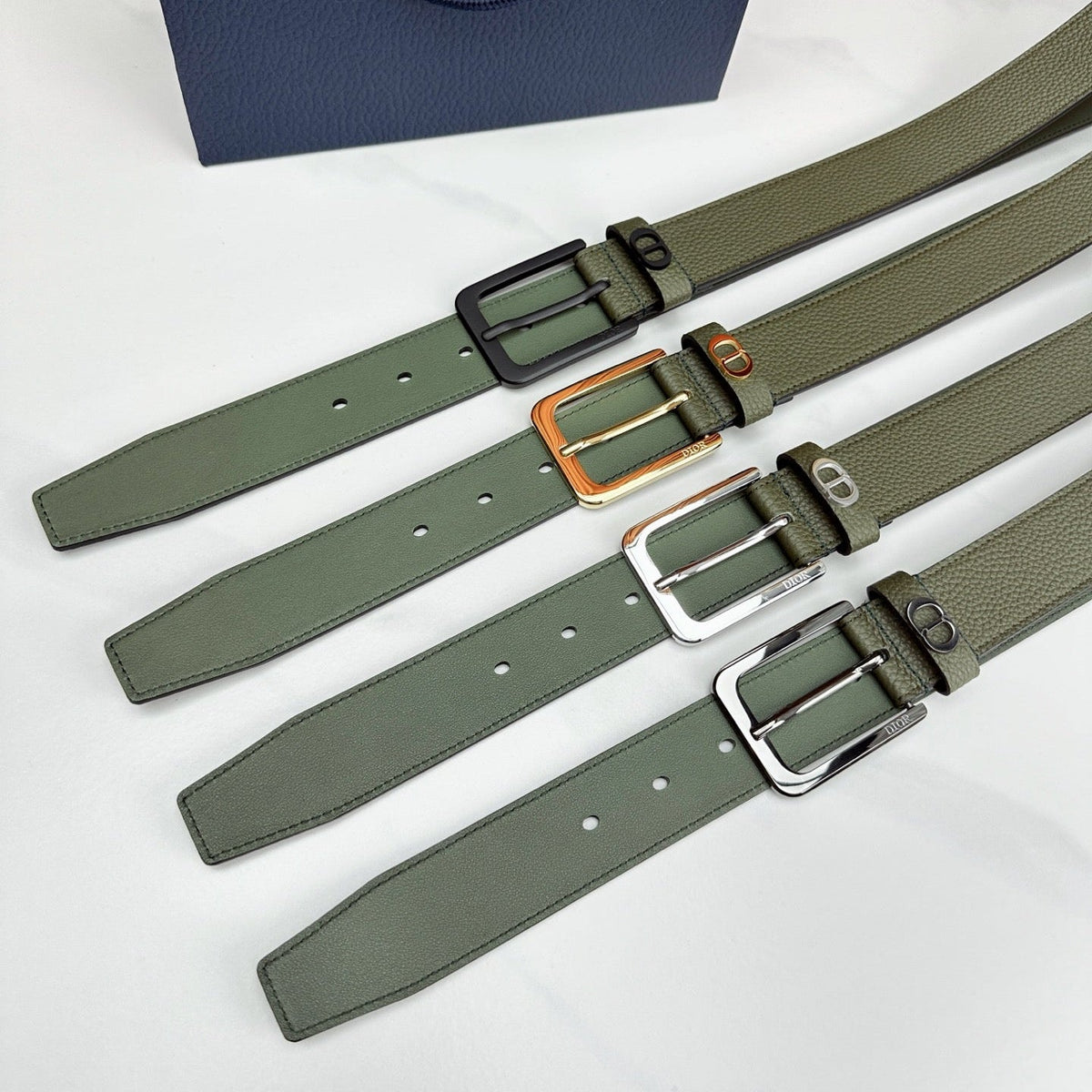 Dior 2026 CD Icon Grained Belt 35mm Moss Green Calfskin