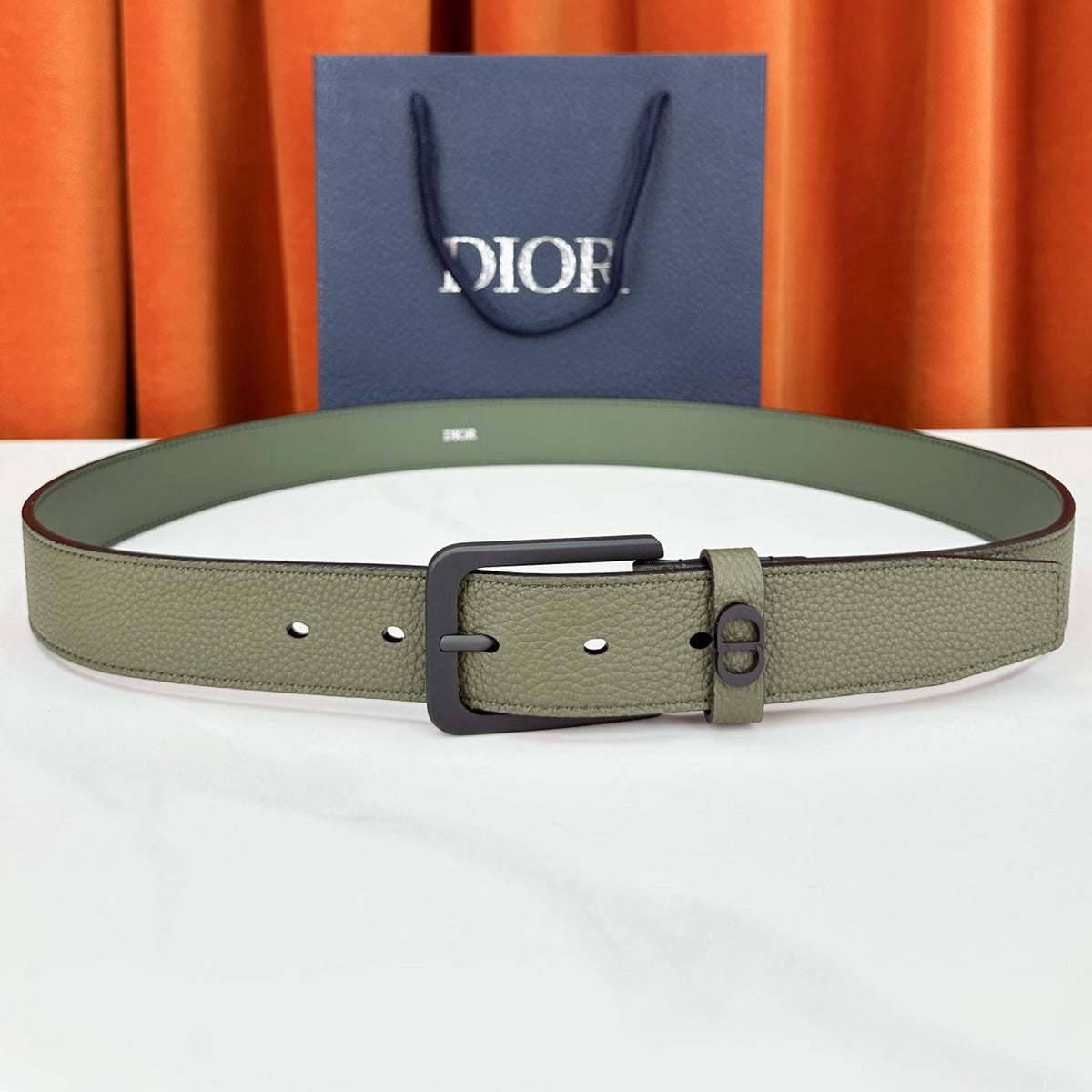 Dior 2026 CD Icon Grained Belt 35mm Moss Green Calfskin