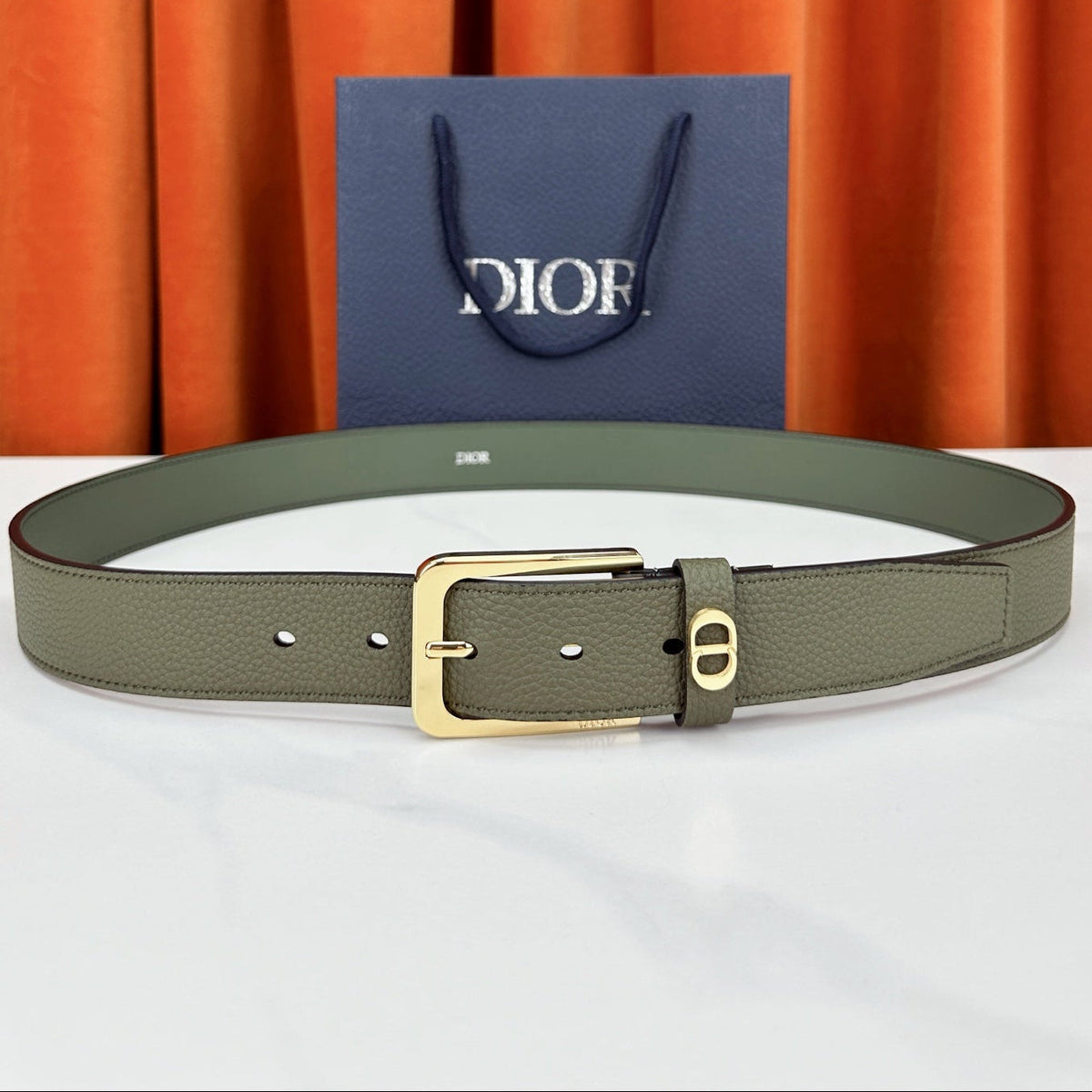 Dior 2026 CD Icon Grained Belt 35mm Moss Green Calfskin