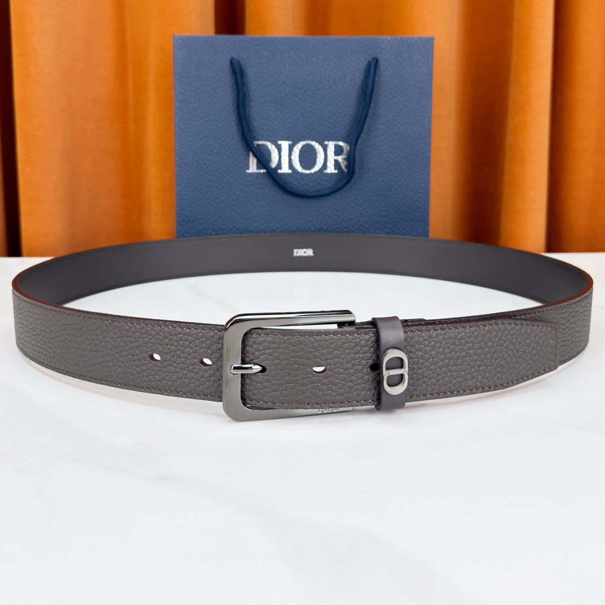 Dior 2026 CD Icon Grained Belt 35mm Dark Brown Calfskin