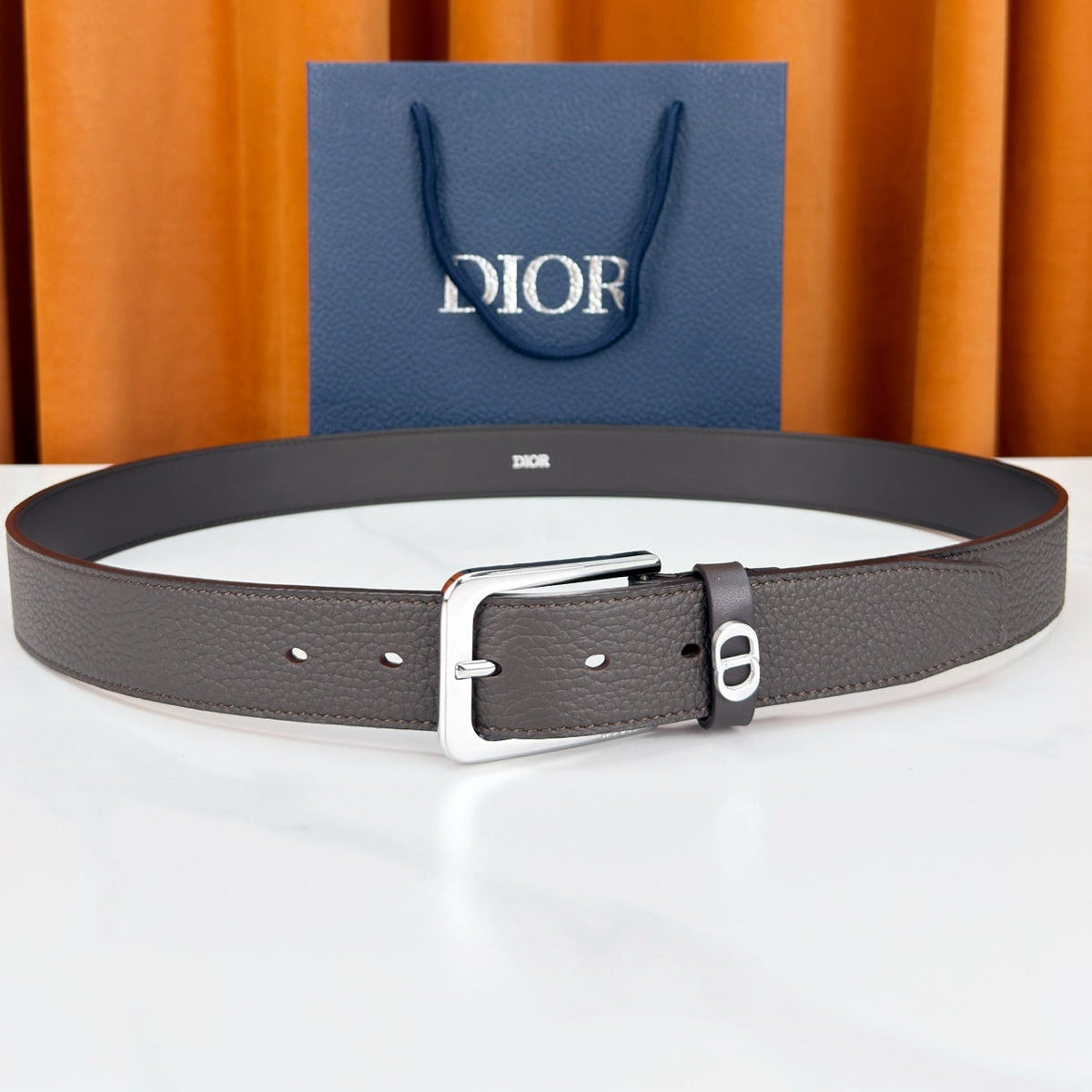 Dior 2026 CD Icon Grained Belt 35mm Dark Brown Calfskin