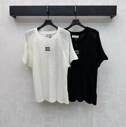 Miu Miu 2026 Wavy Pattern Short-Sleeve Knitwear Black and White Wool