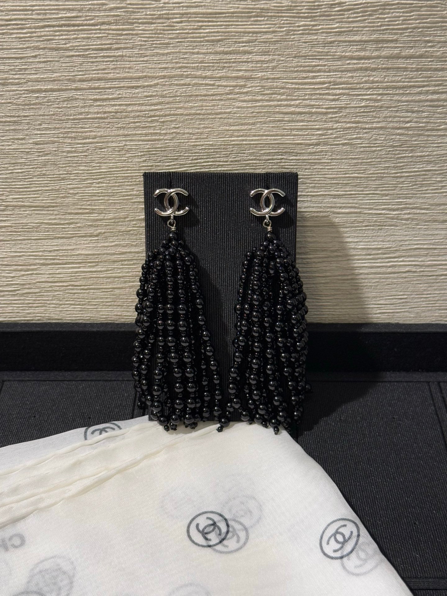 Chanel 2026 Black Beaded Tassel Earrings with Gold Double C Long Earrings