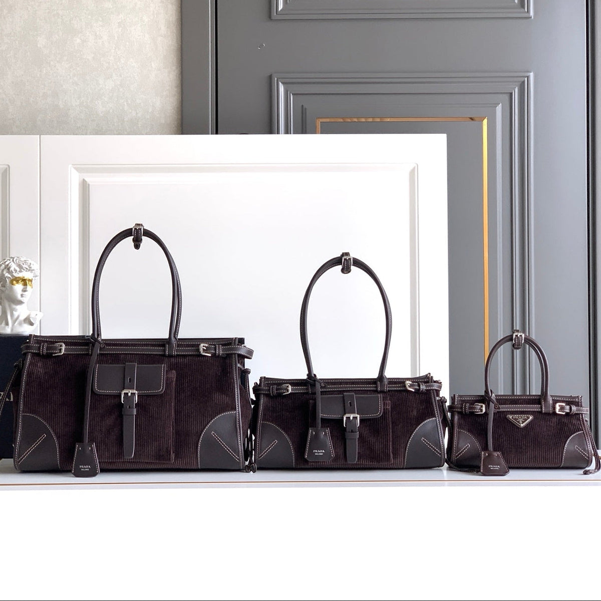 Prada 2026 Bonnie Corduroy Bag Brown Velvet Leather