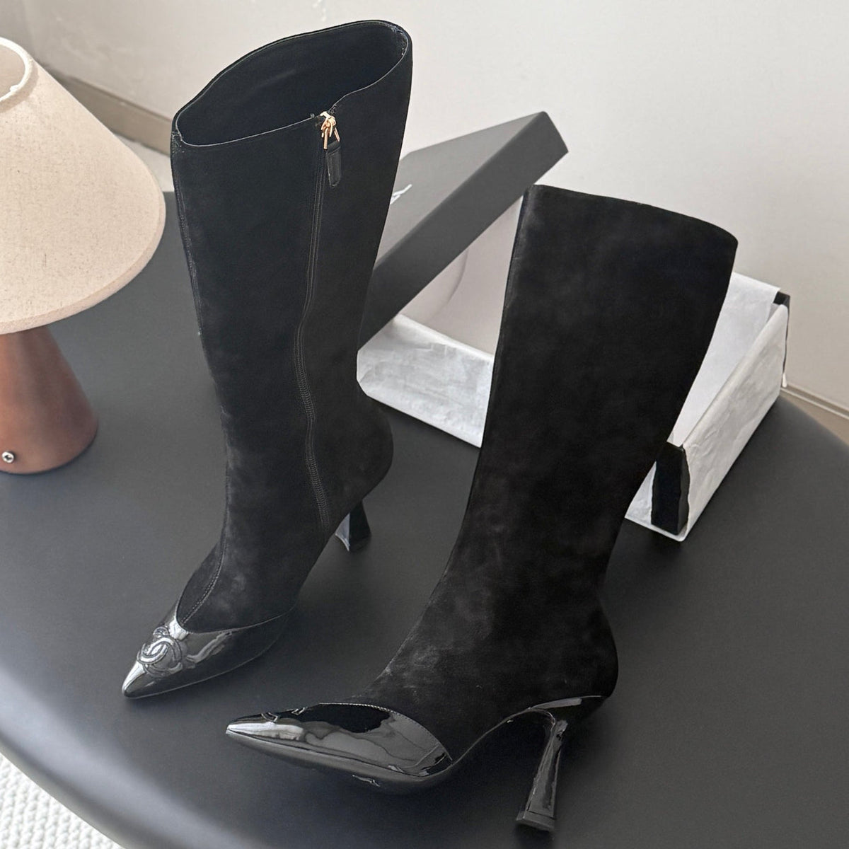 Chanel 2026 Pointed Toe Knee-High Boots 80mm Mesh Suede Leather 127974