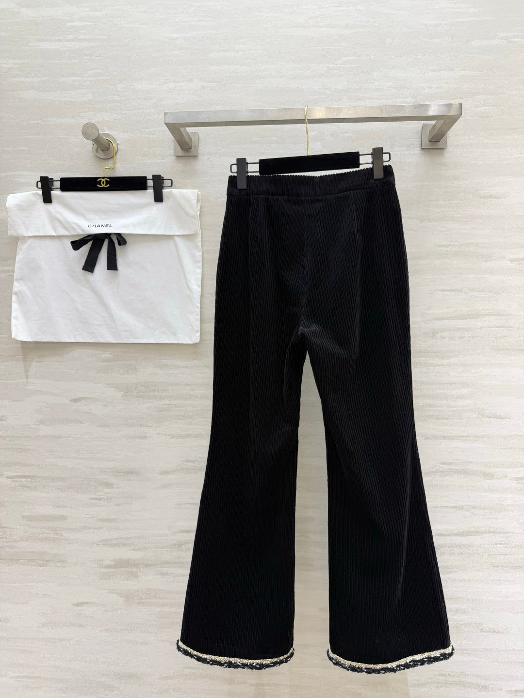 Chanel 2026 Corduroy Flared Pants Black Velvet Fabric 377401