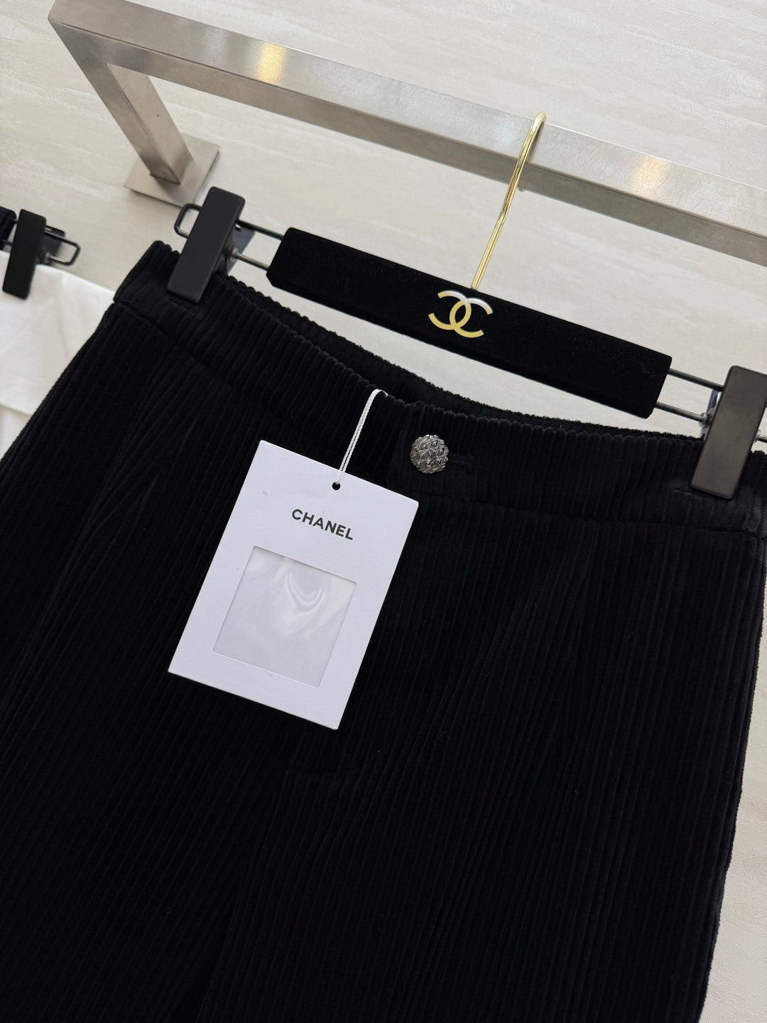 Chanel 2026 Corduroy Flared Pants Black Velvet Fabric 377401