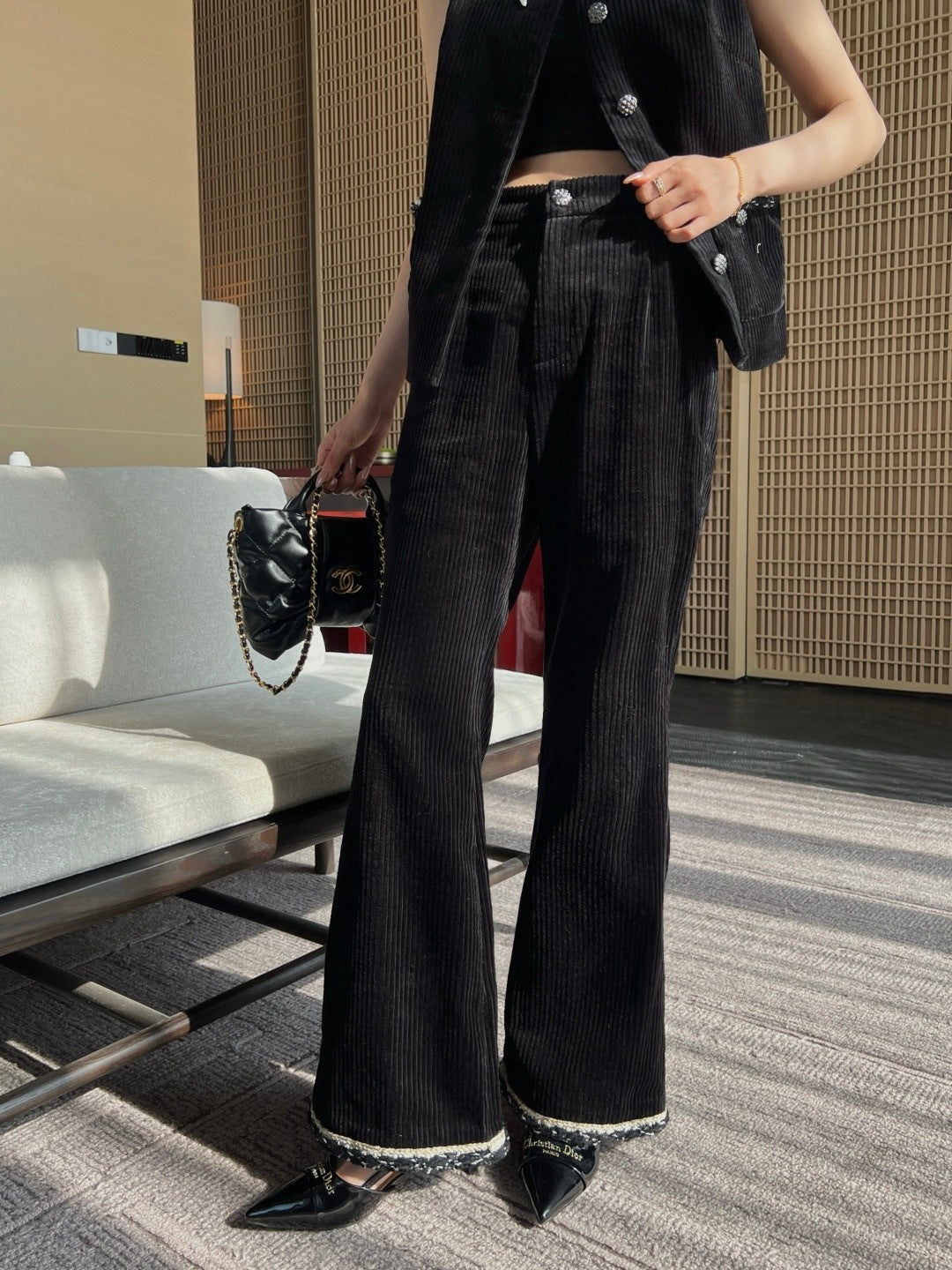 Chanel 2026 Corduroy Flared Pants Black Velvet Fabric 377401