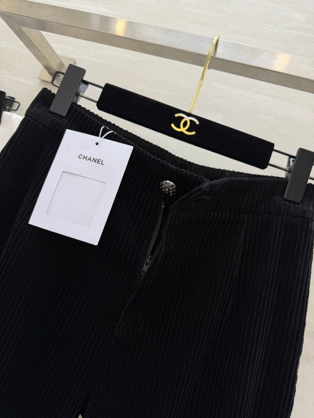 Chanel 2026 Corduroy Flared Pants Black Velvet Fabric 377401