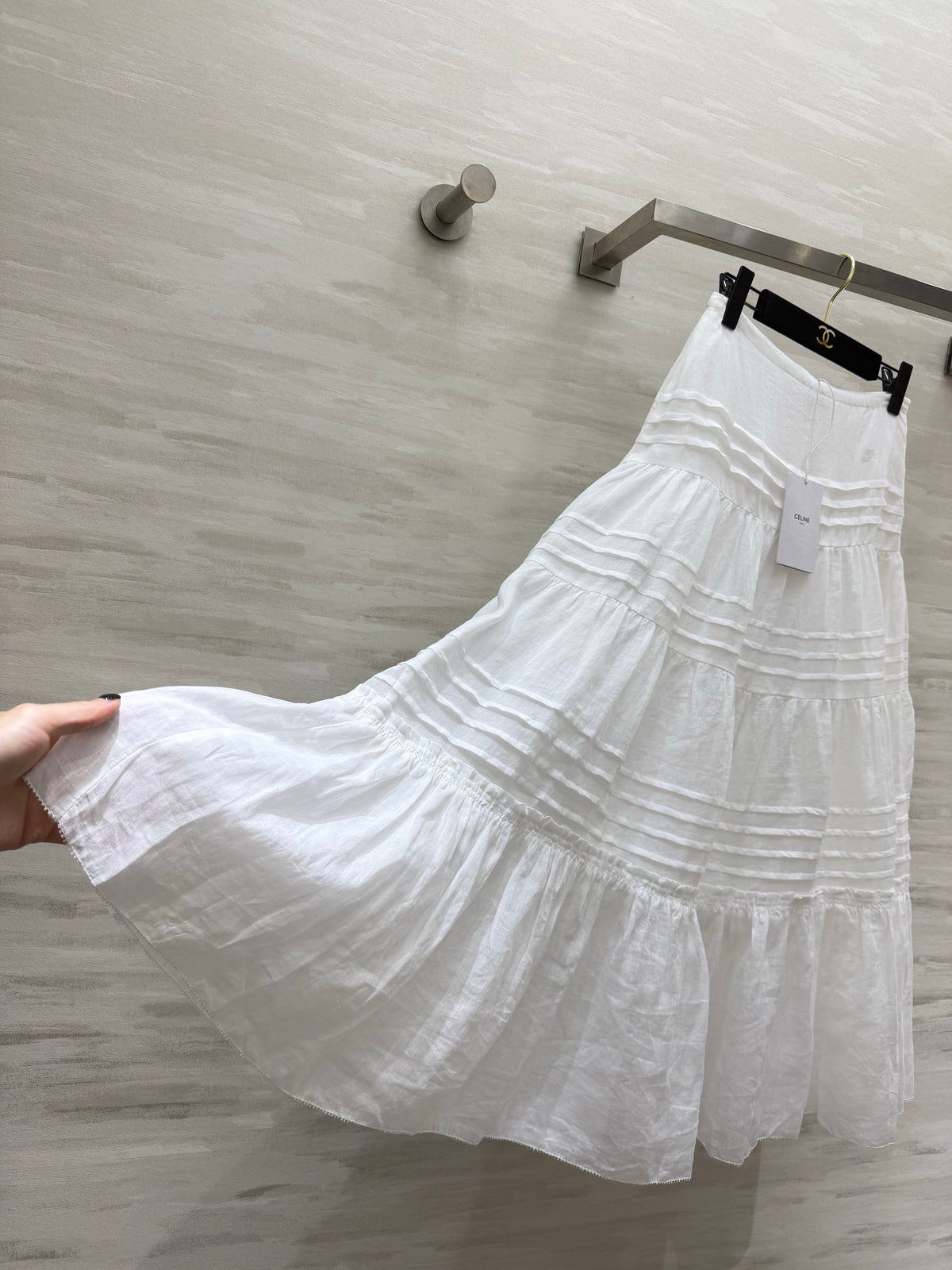 Celine 2026 Long Skirt White Linen Fabric 423411