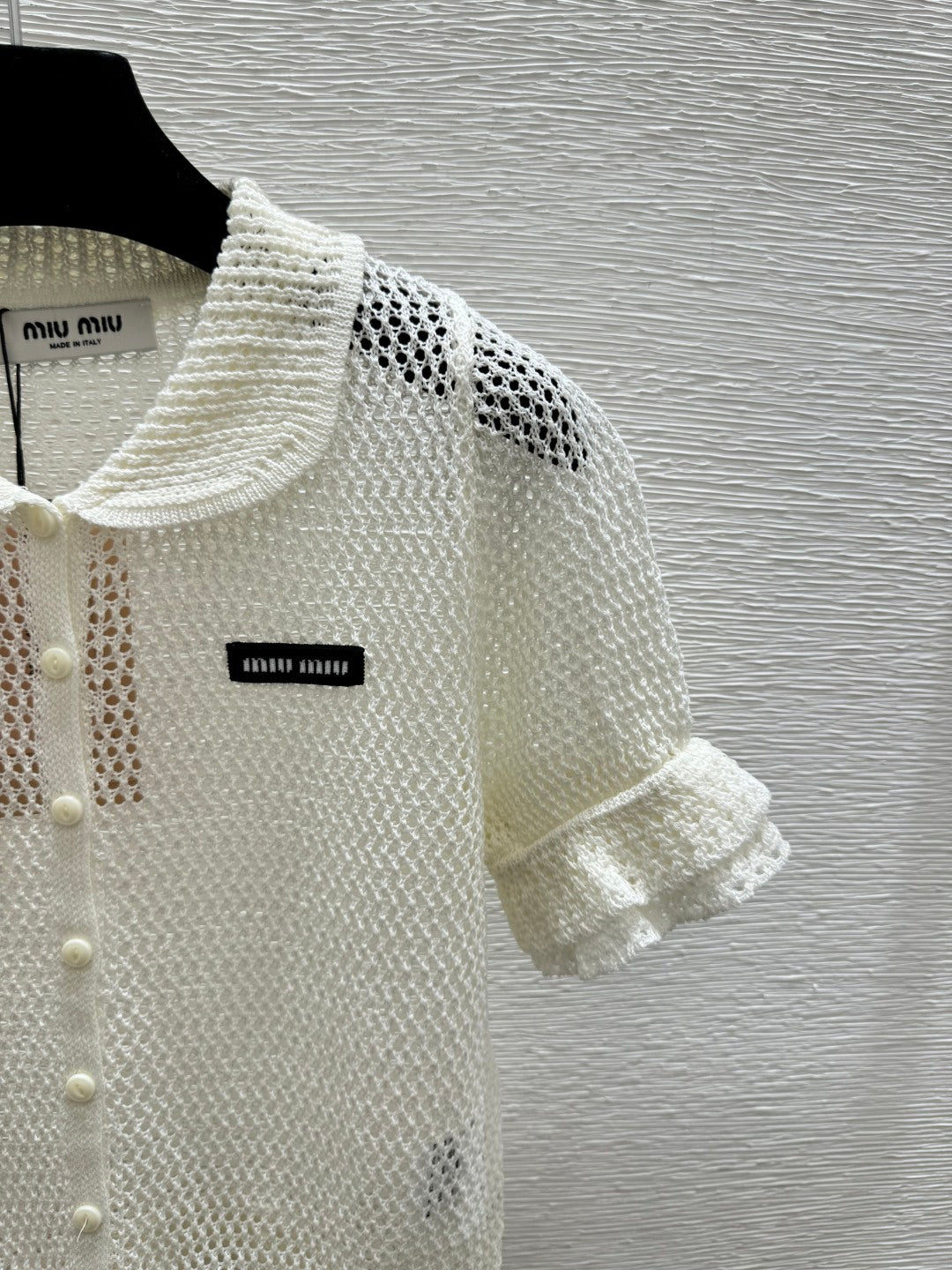 Miumiu 2026 Hollow-Out Collar Knitted Short-Sleeve Cardigan 341442