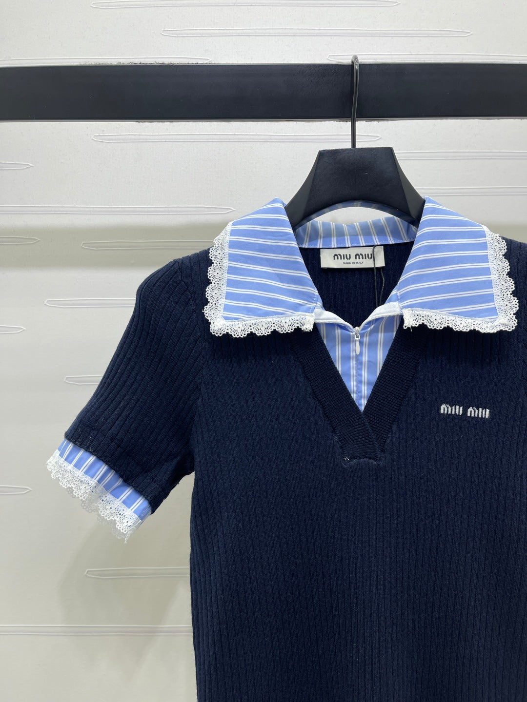 Miumiu 2026 Ribbed Knit Top With Striped Collar Blue Wool 352525