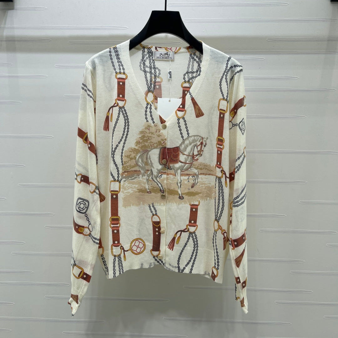 Hermes 2026 V-neck Printed Long-sleeved Cardigan Cream mix Colors Wool 417073