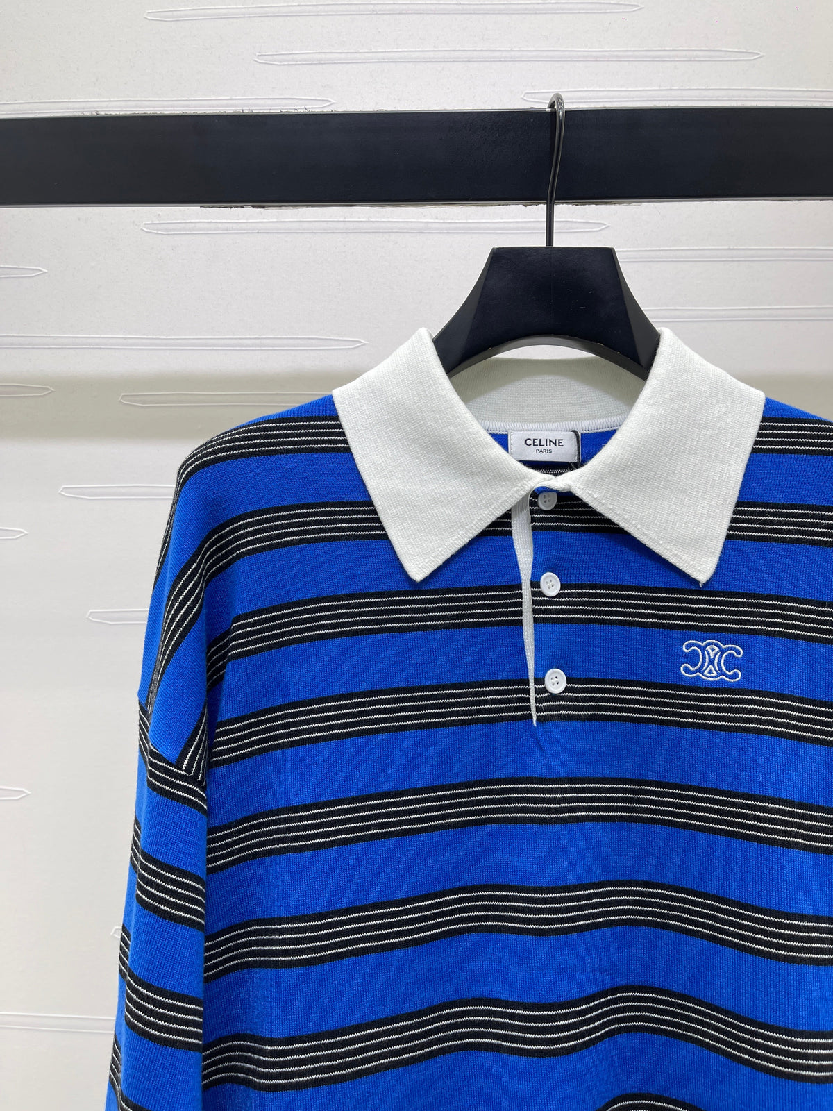 Celine 2026 Long-Sleeved Blue Striped Polo Shirt Cotton 430338