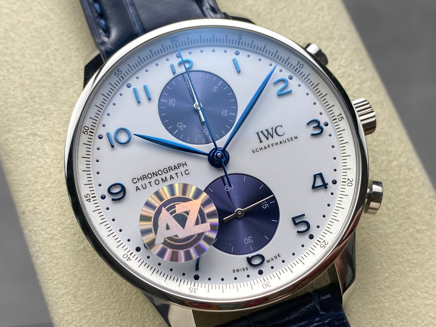 IWC Portuguese 41mm White Blue Dial Steel Case Navy Blue Crocodile Leather