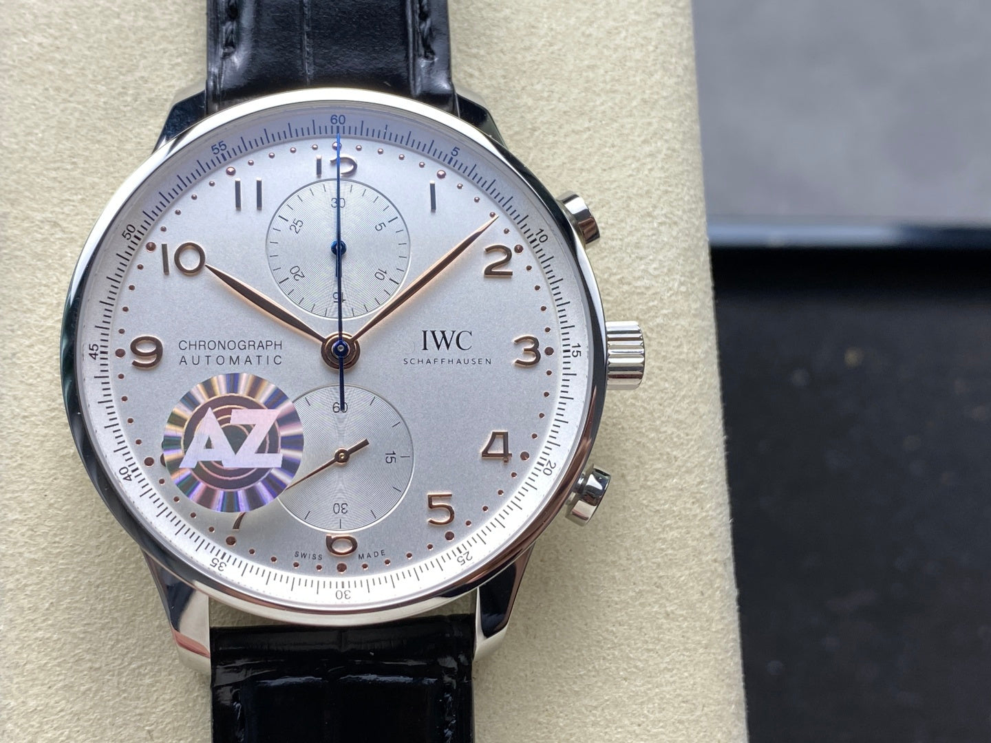 IWC Portuguese 41mm Black Dial Steel Case Pink Gold Numerals Crocodile Leather