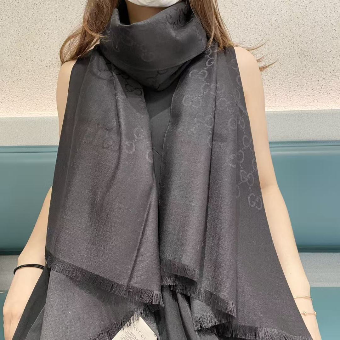 GG Houndstooth Scarf 180CM Black Cashmere 288129