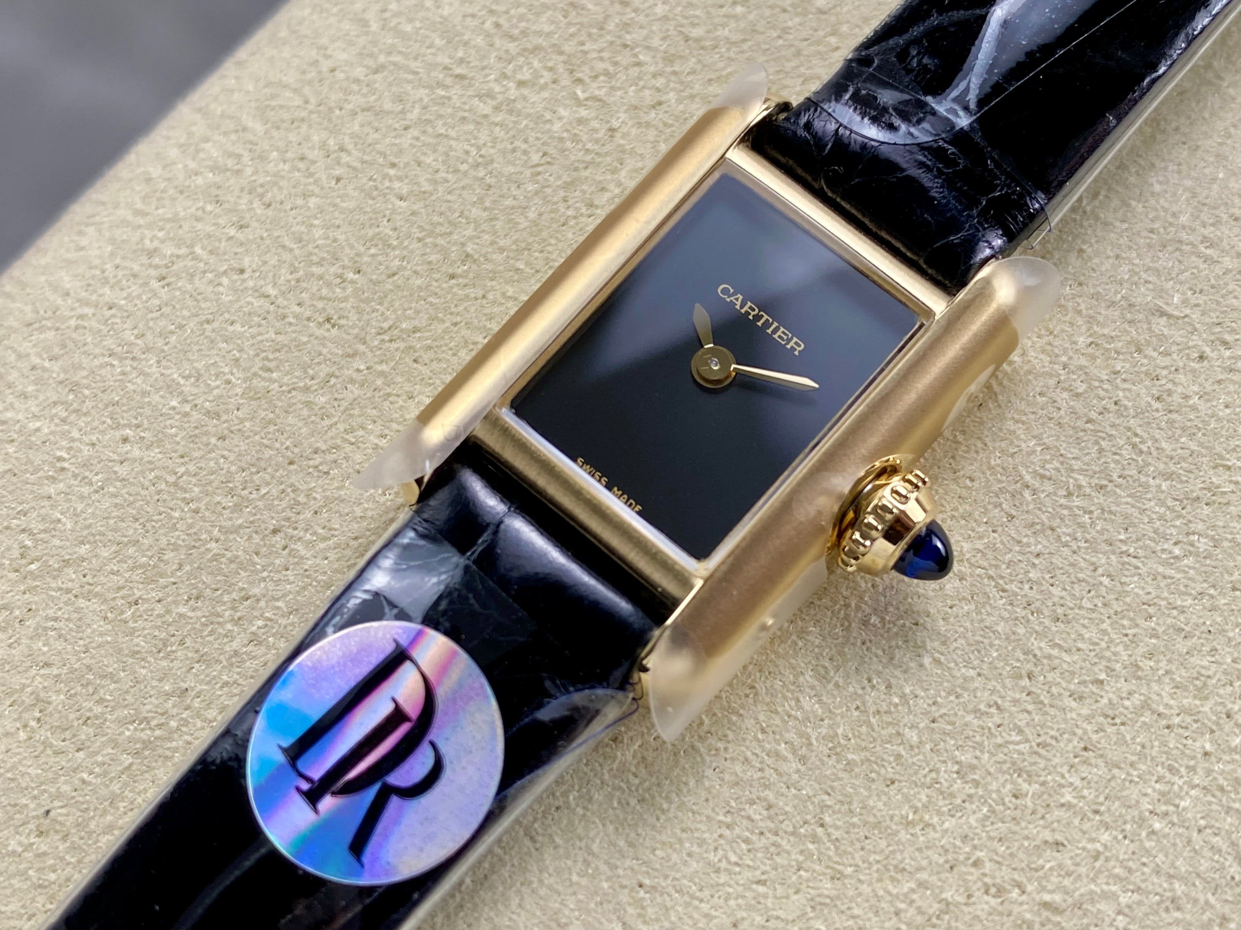 Cartier Tank 24mm Black Dial Gold Case Crocodile Leather