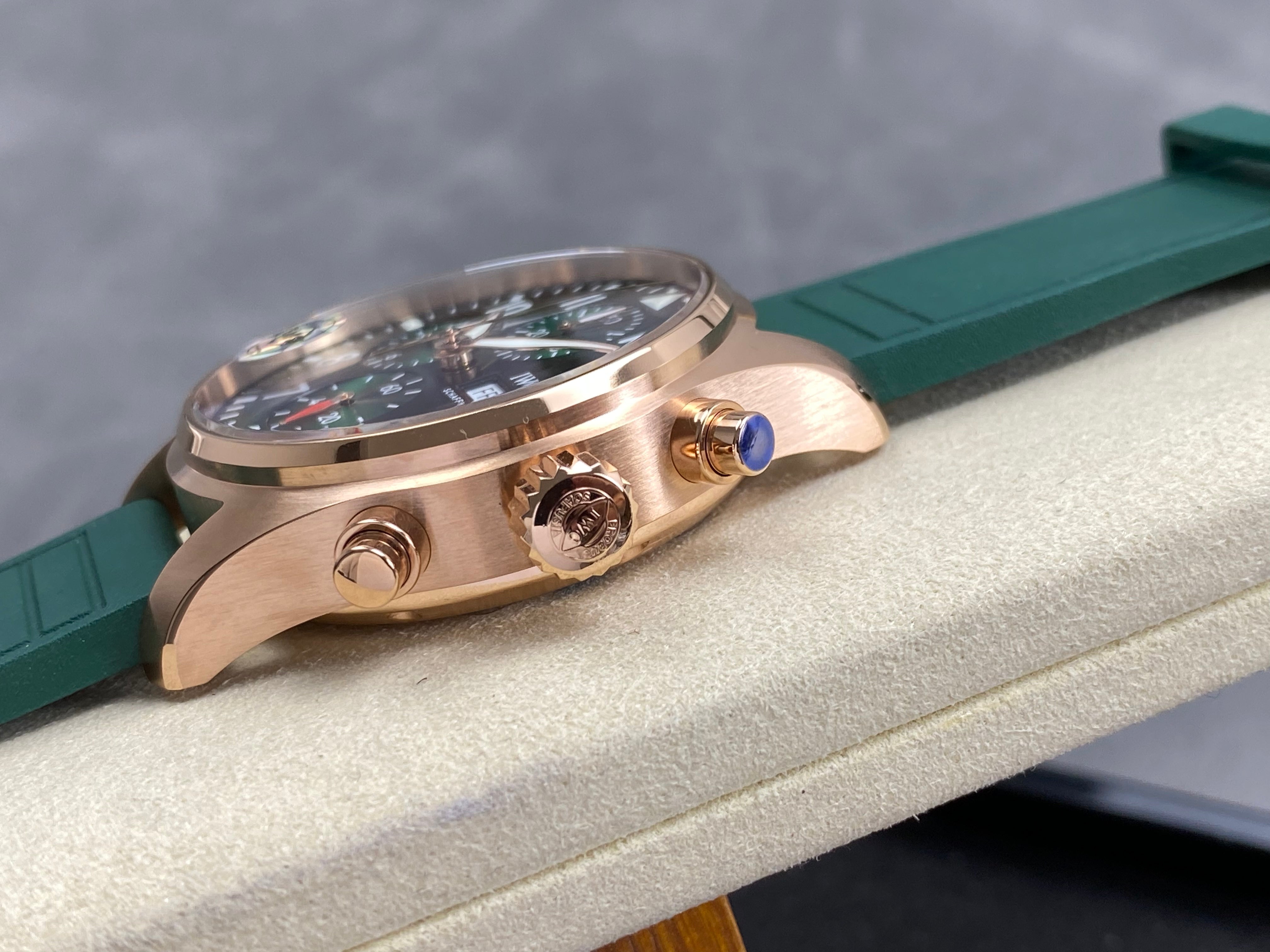 IWC Pilot's Chronograph 41 Pink Gold Case Green Dial Rubber  Strap