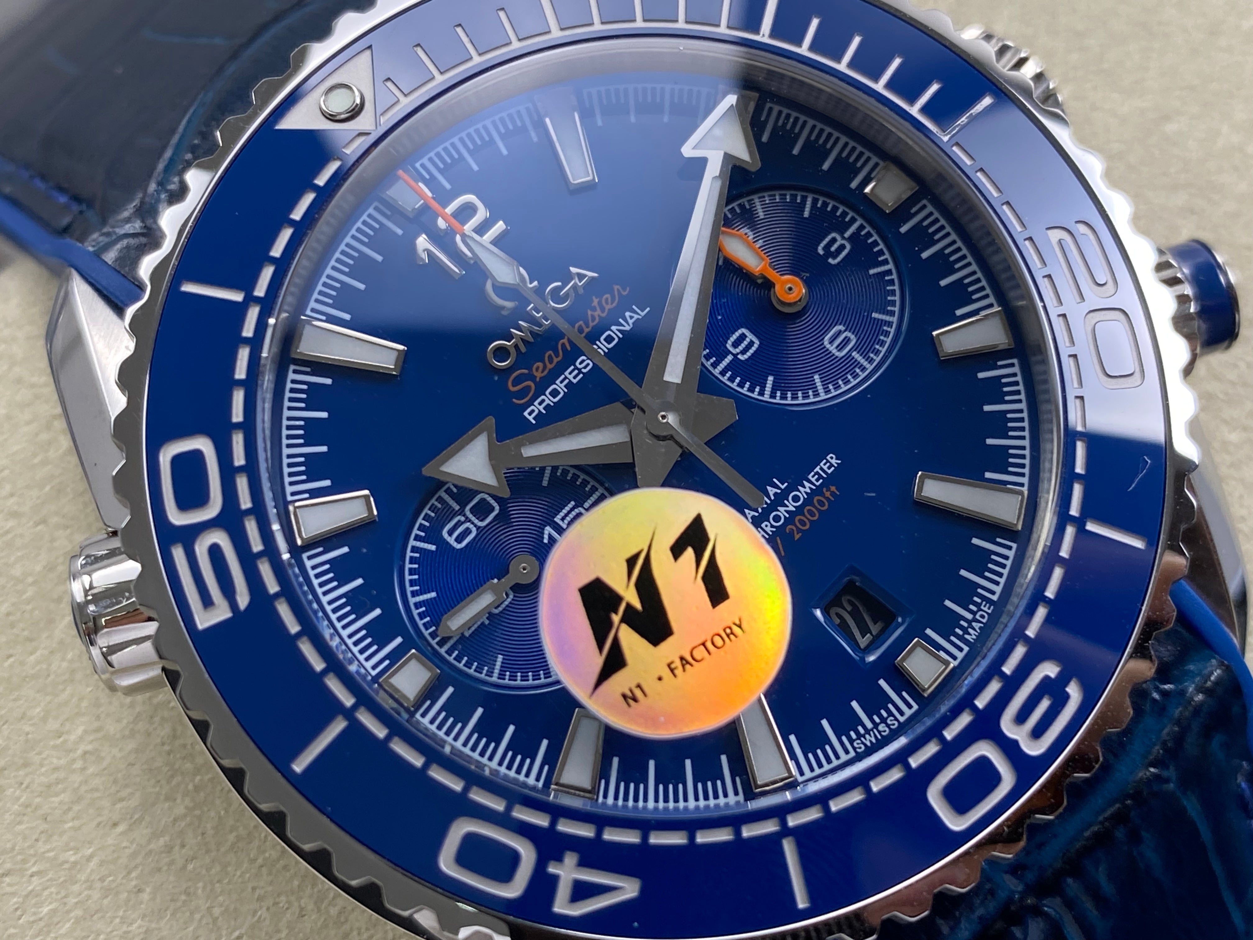 Omega Seamaster 46mm Blue Dial Sliver Case Blue Crocodile Leather