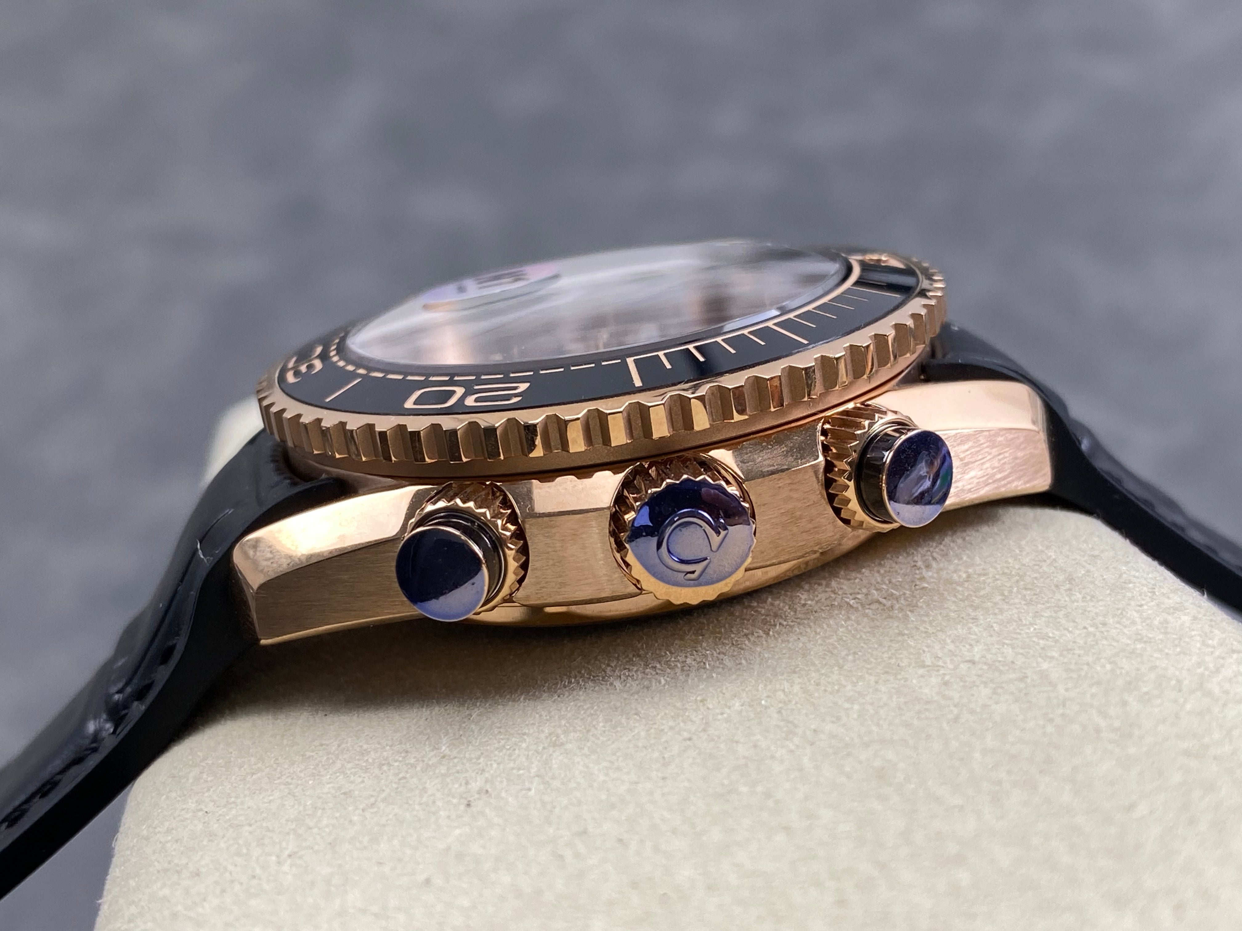 Omega Seamaster 46mm Black Dial Pink Gold Case Crocodile Leather