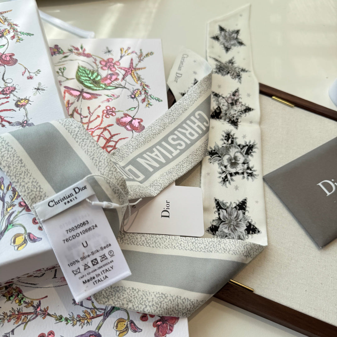 Dior 2026 Star Scarf 100cm White And Gray Silk 198691