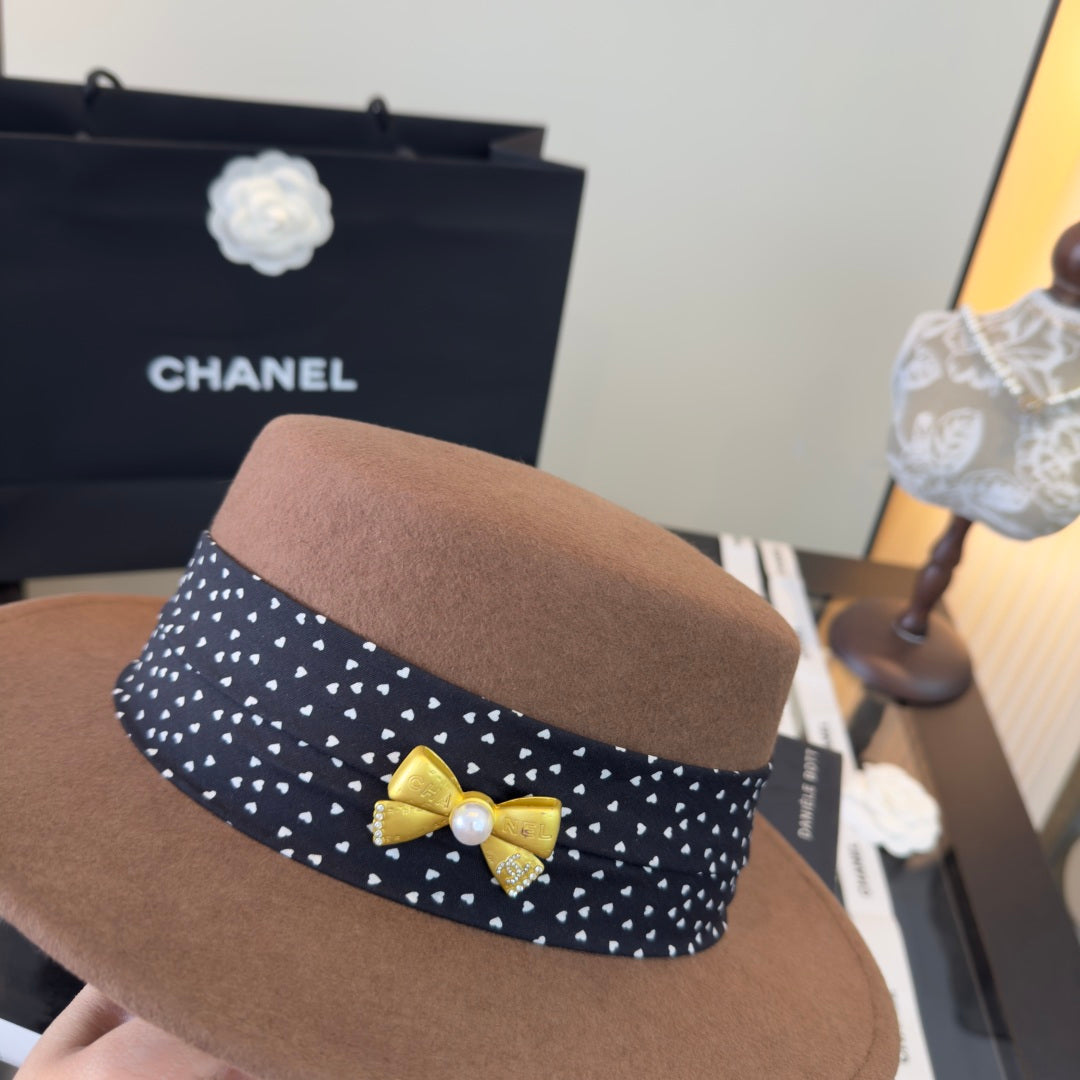 Chanel Polka-Dot Ribbon Cashmere Flat-Top Hat 491493